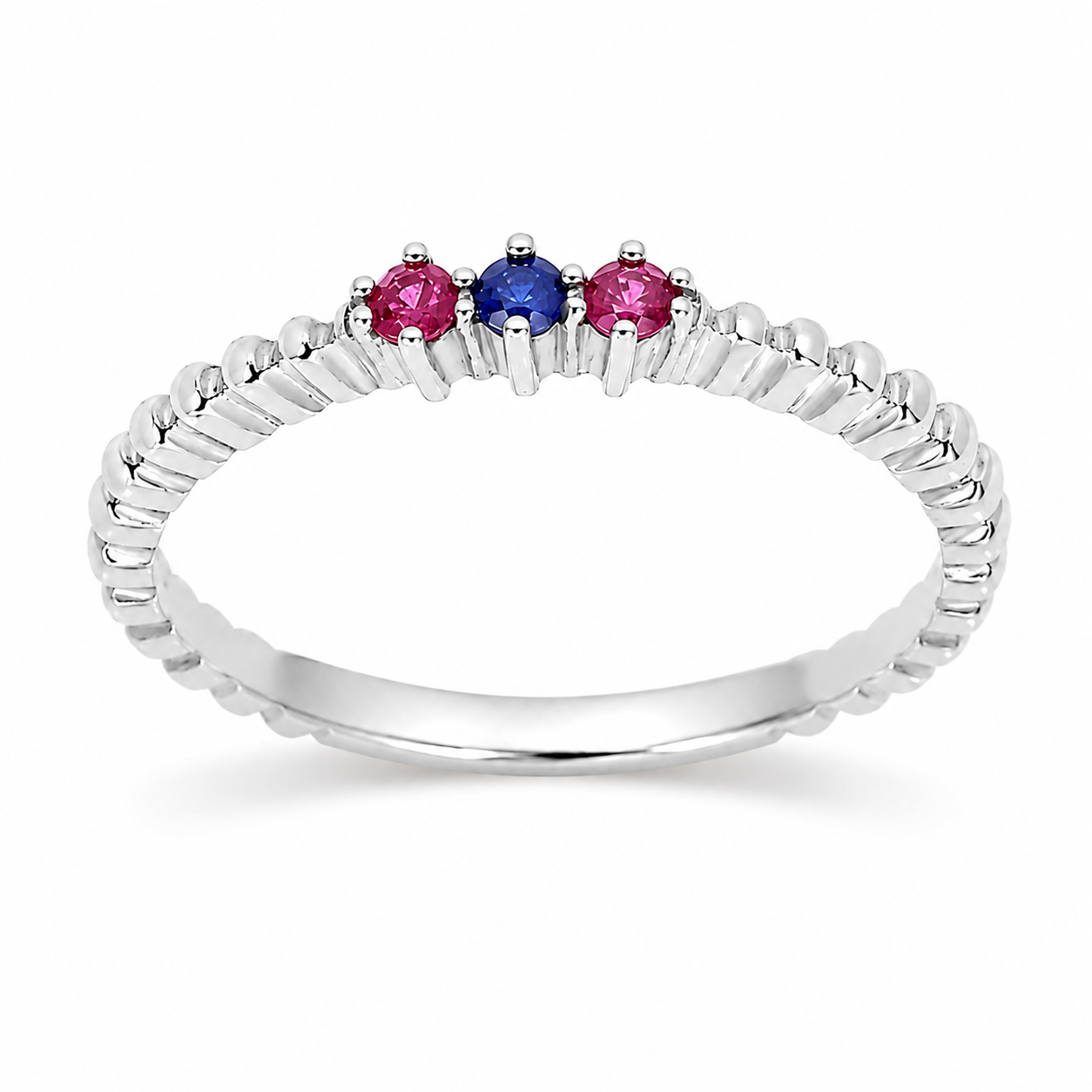 14k white gold ring with three colored gemstones on a white background