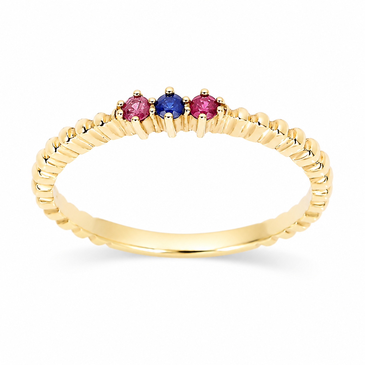 14k gold ring with three colorful gemstones on a white background