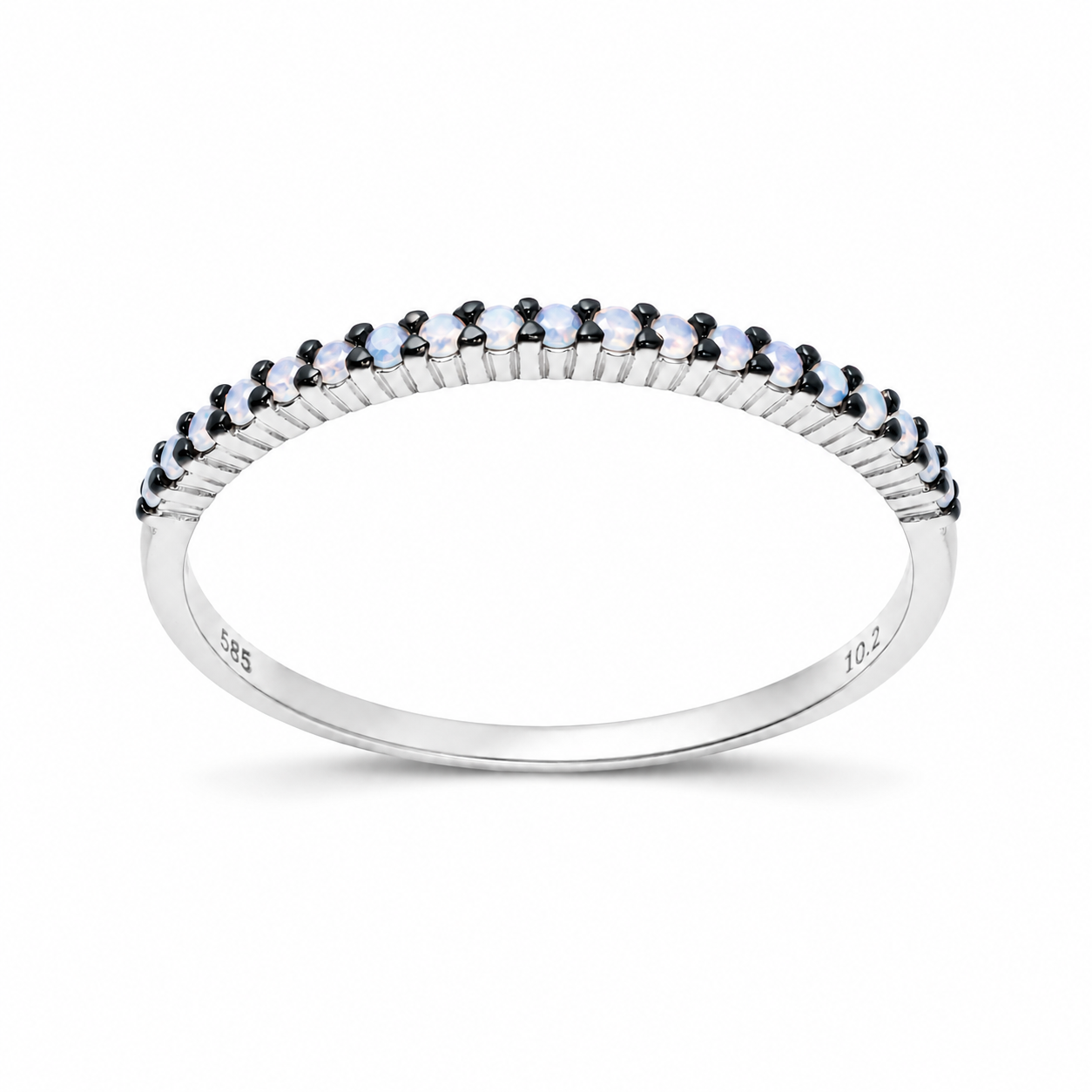 14k white gold opal half eternity ring on a white background