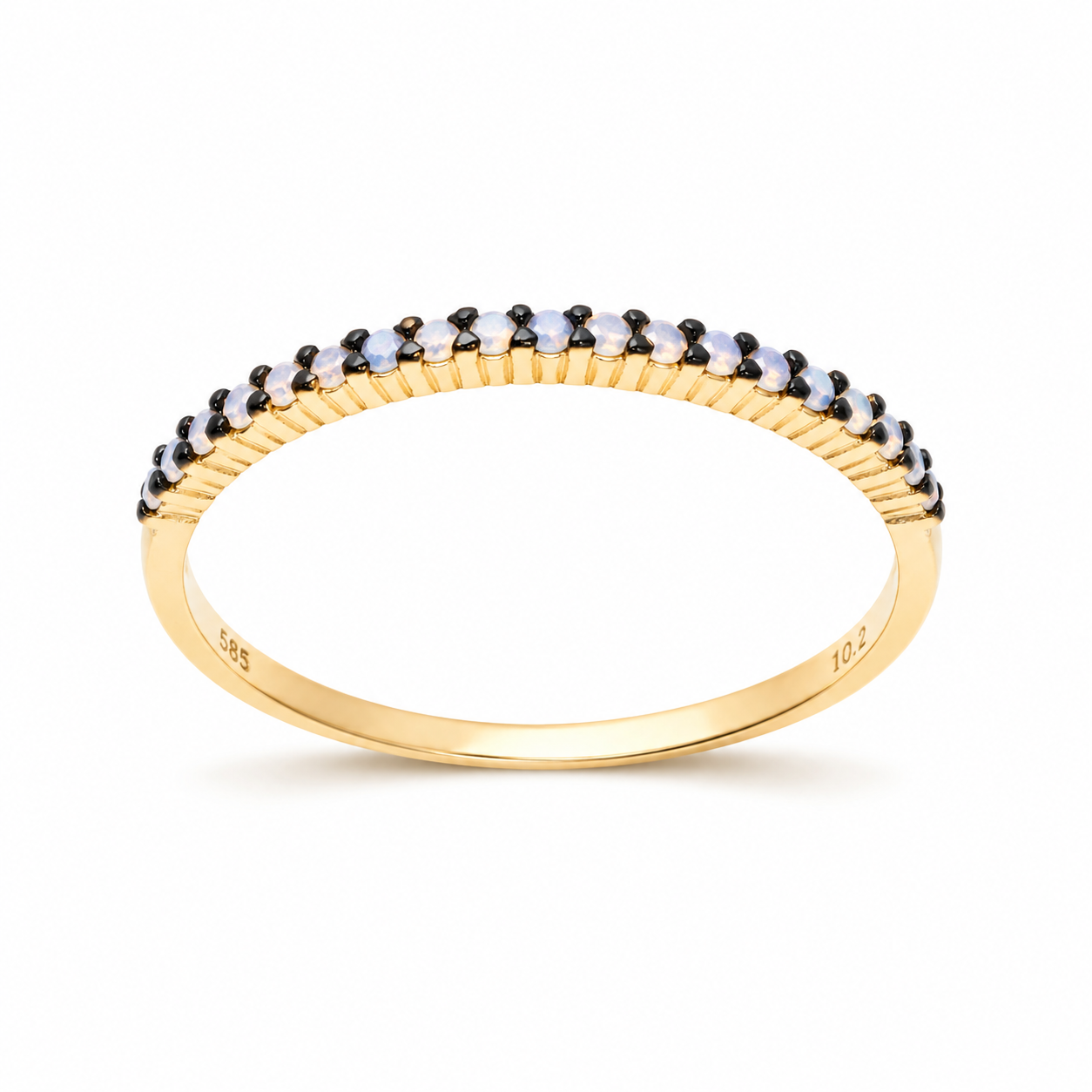 14k gold opal half eternity ring on a white background