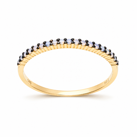 14k gold opal half eternity ring on a white background