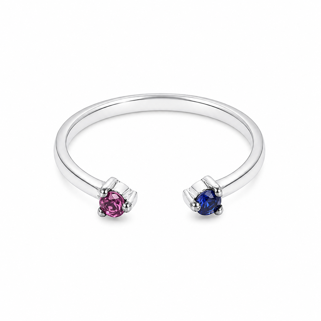 14k white Gold ring with a pink ruby and blue sapphire gemstone on a white background