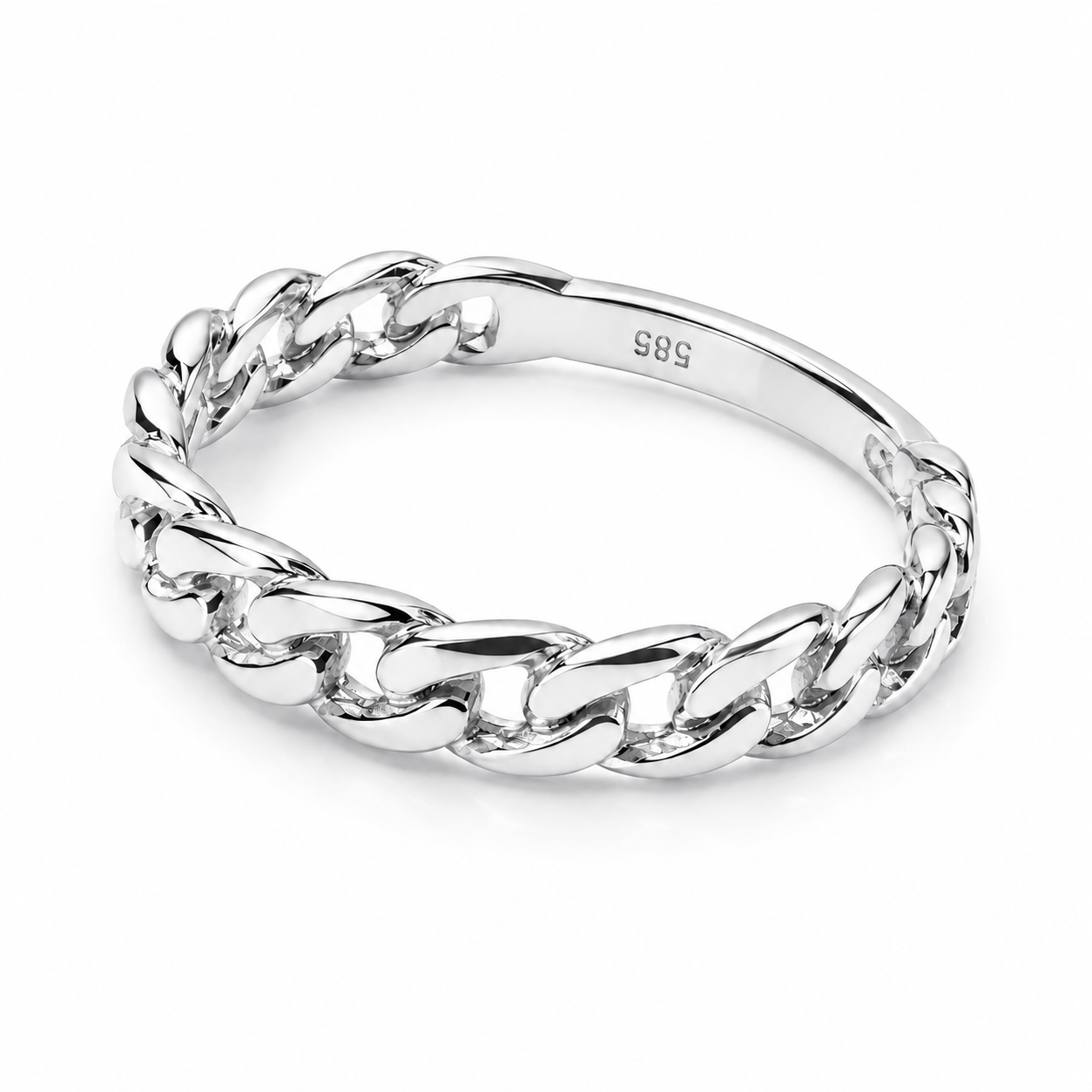 14k white Gold chain ring on a white background