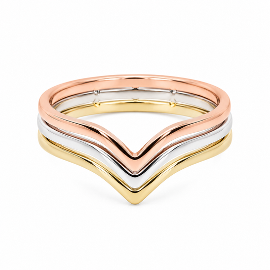 Tri-color ring with gold, rose gold, and white gold chevron bands on a white background