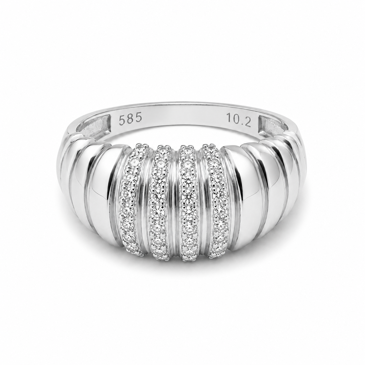 Ribbed dome ring in 14k white gold with cubic zirconia stones in a white background