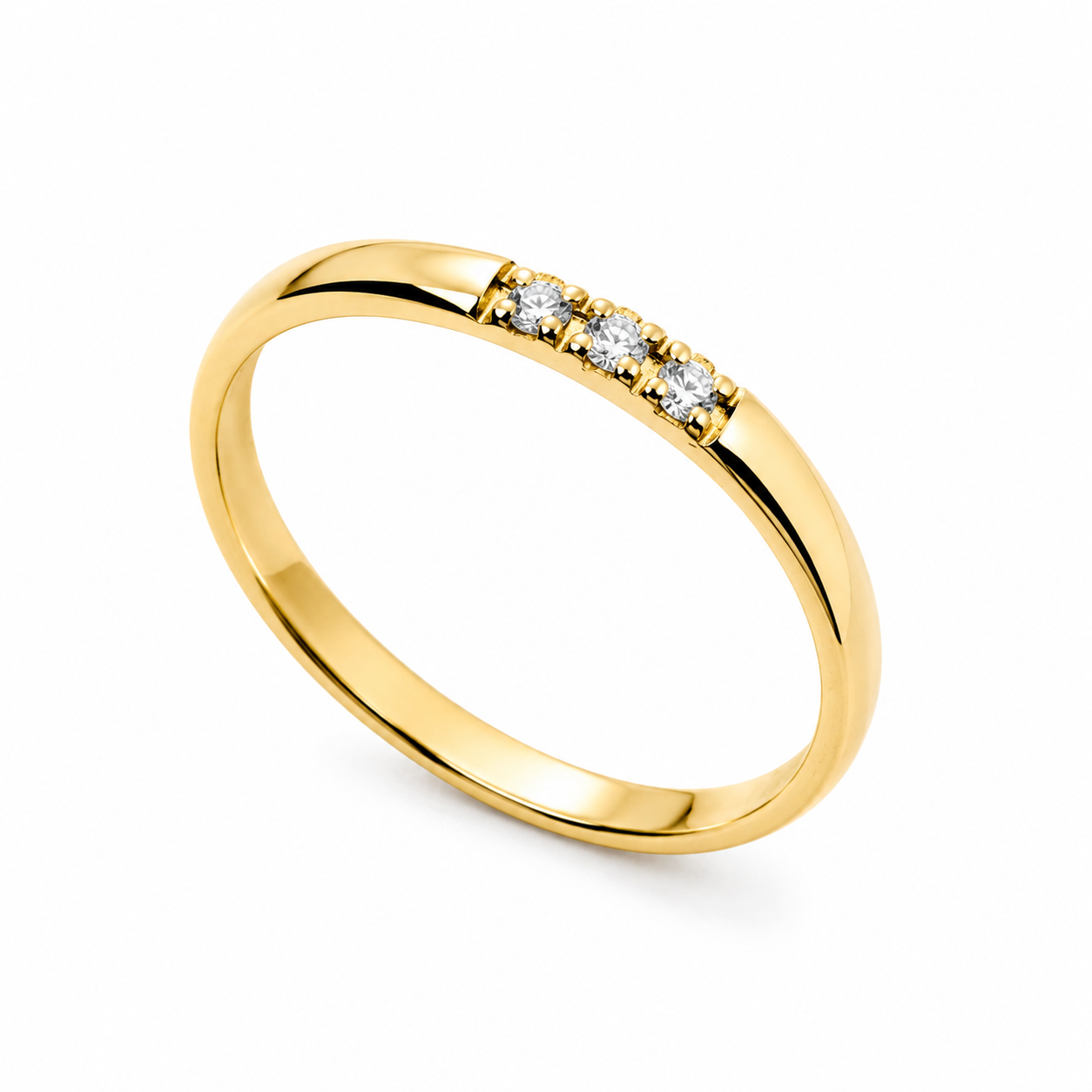 14k Gold ring with three small diamonds on a white background