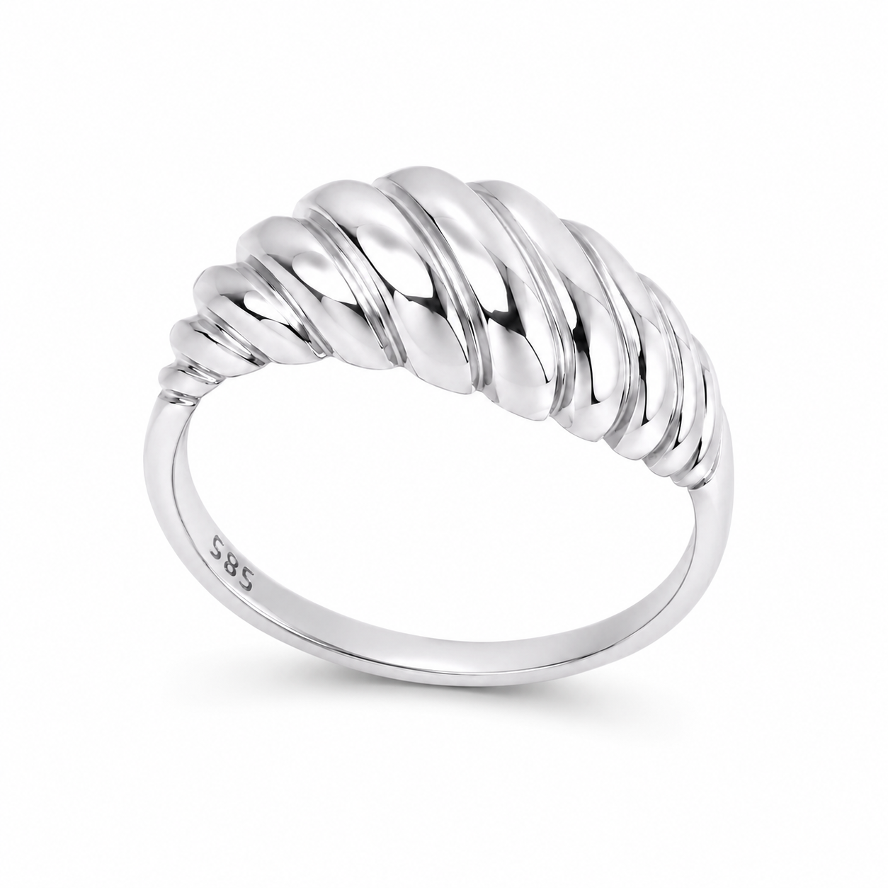 14k white Gold ring with a textured design on a white background