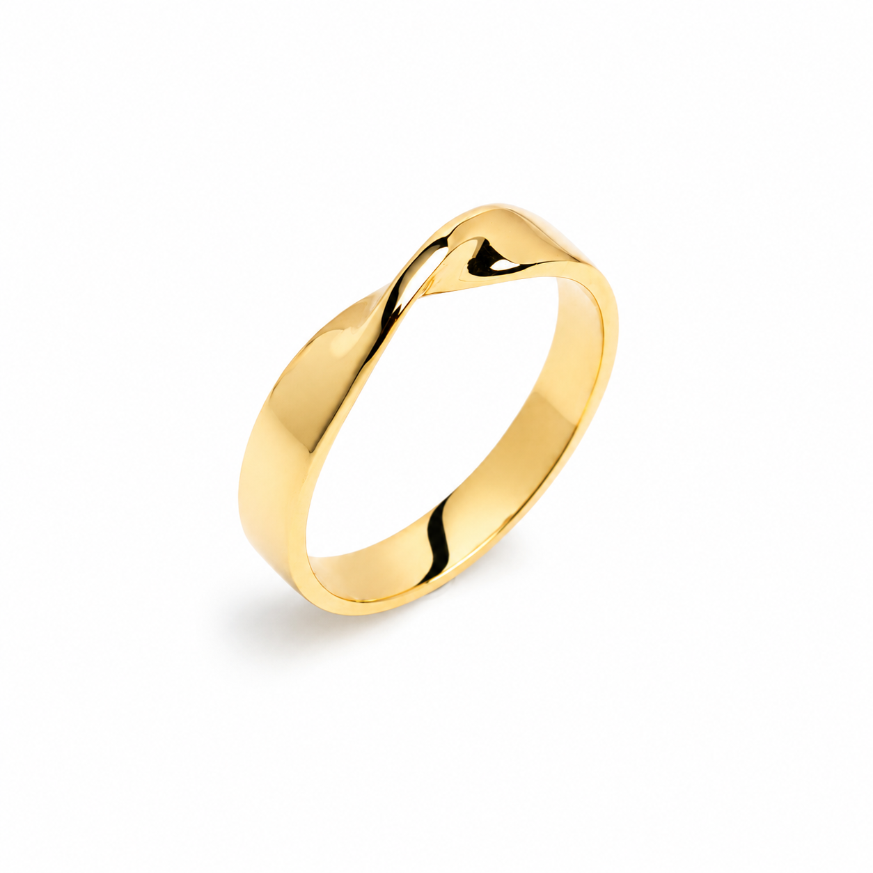 18k solid gold Mobius ring with a polished twisted design on a white background, customizable with personal engraving