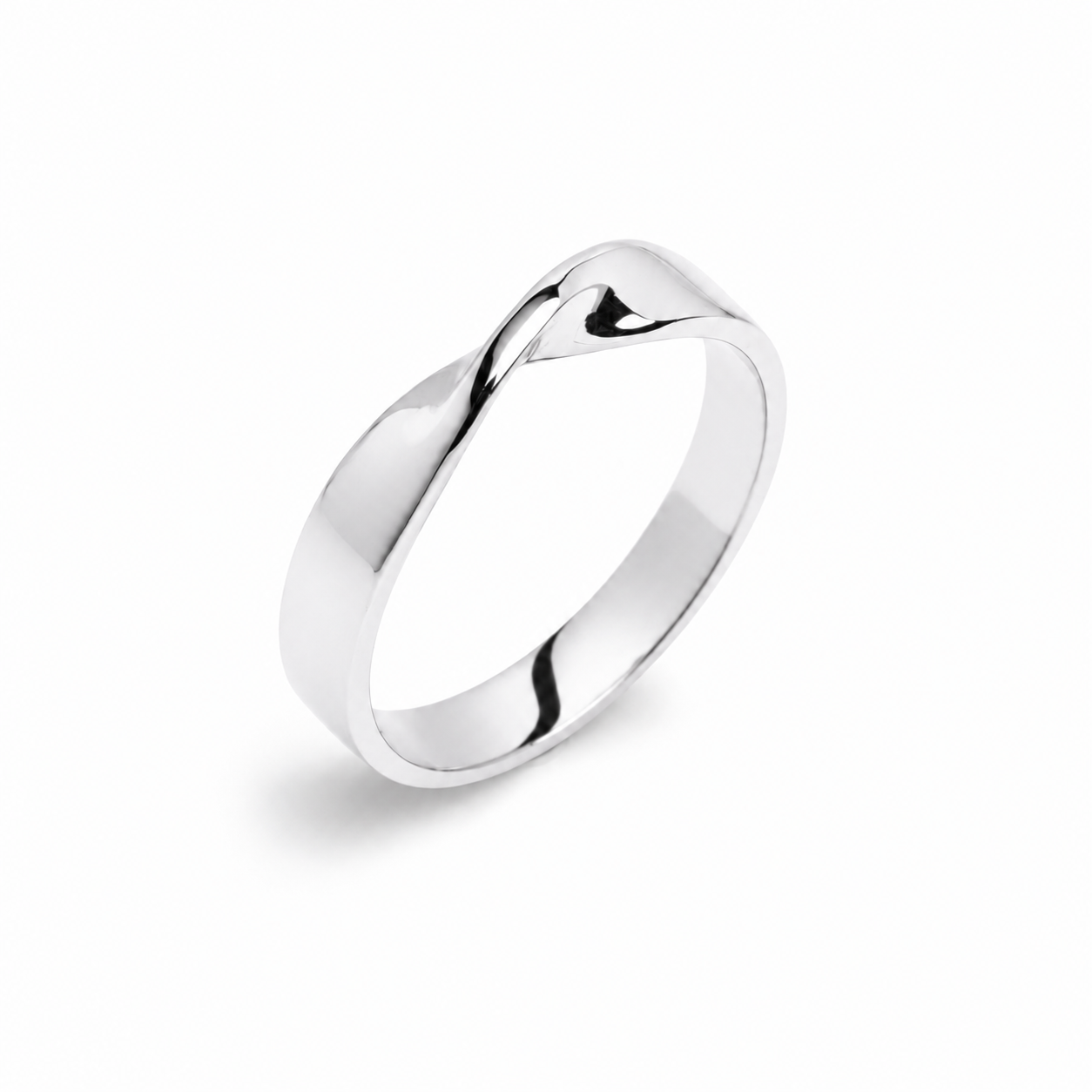 18k solid gold Mobius ring with a polished twisted design on a white background, customizable with personal engraving