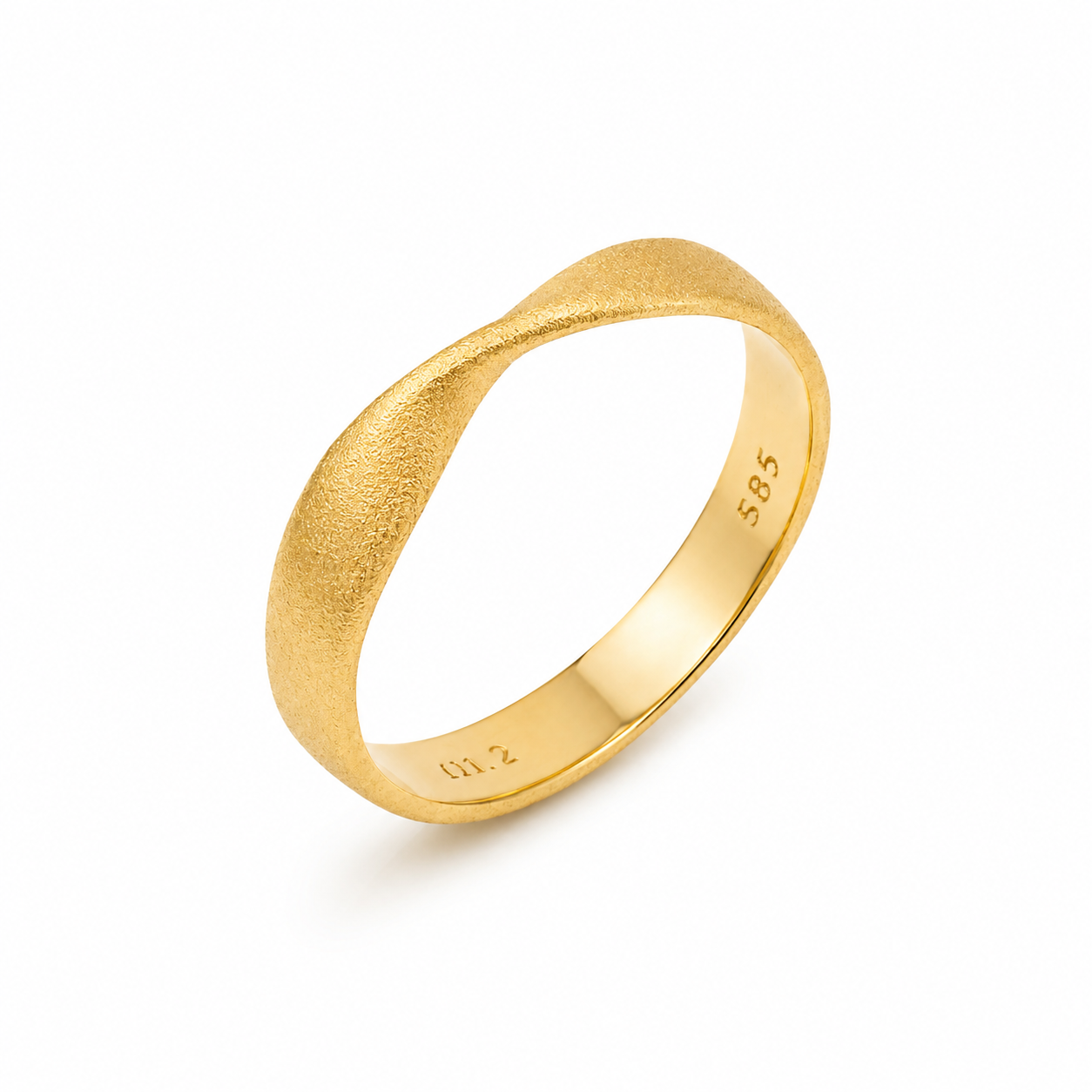 14k Gold mobius ring with a textured band on a white background