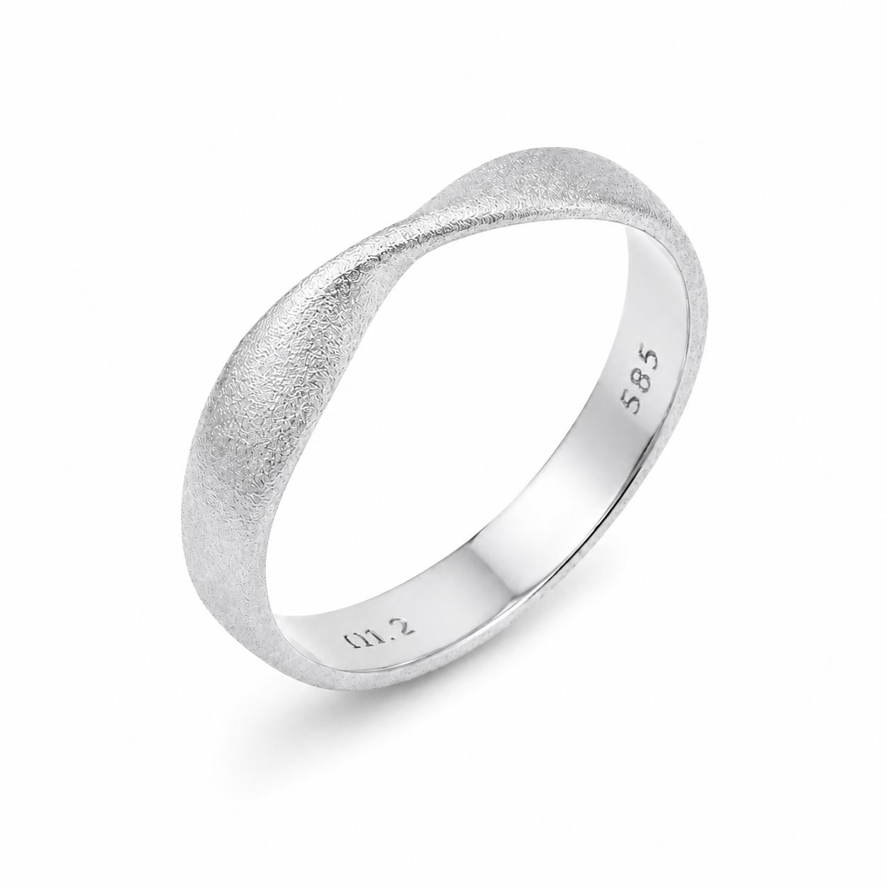 14k Gold mobius ring with a textured band on a white background