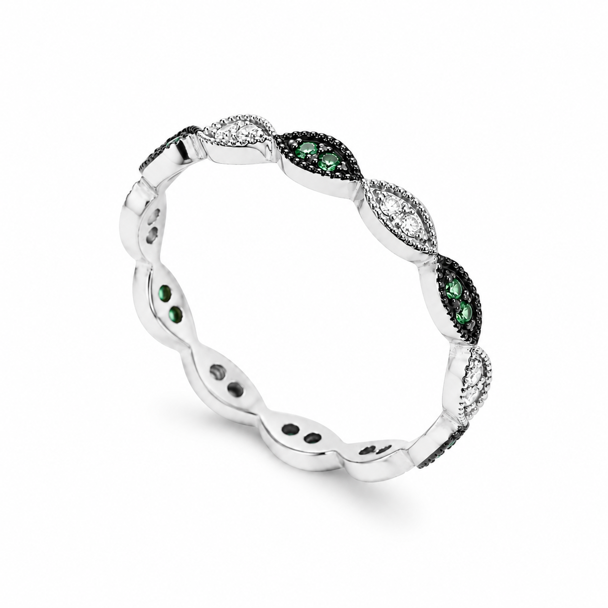 14k white Gold ring with green and white cubic zirconia stones on a white background
