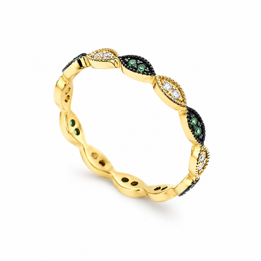 14k Gold ring with green and white cubic zirconia stones on a white background