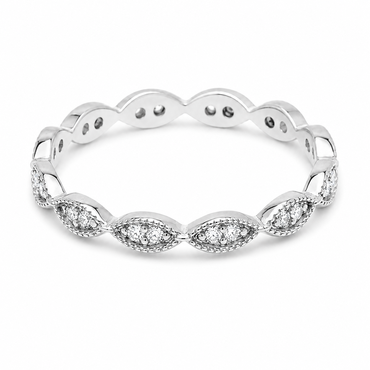 14k white gold ring with white cubic zirconia stones in white background