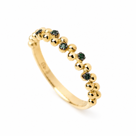 14k Solid Gold Beaded Ring: Green Cubic Zirconia Accent