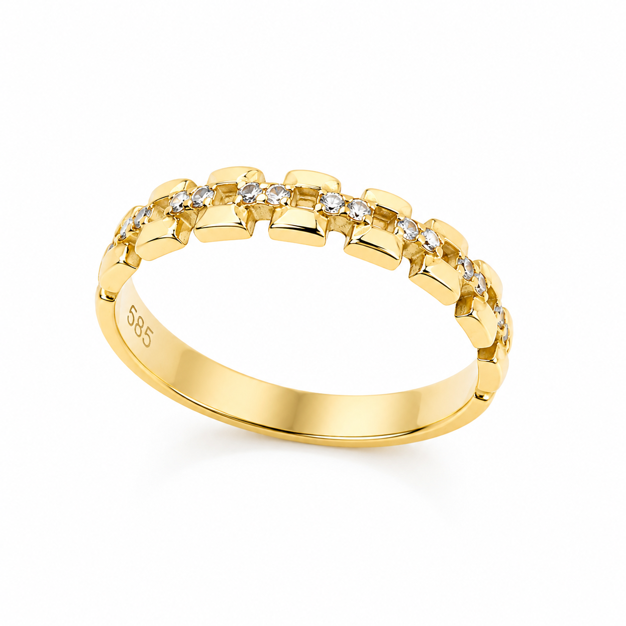 14k Gold ring with cubic zirconia on a white background