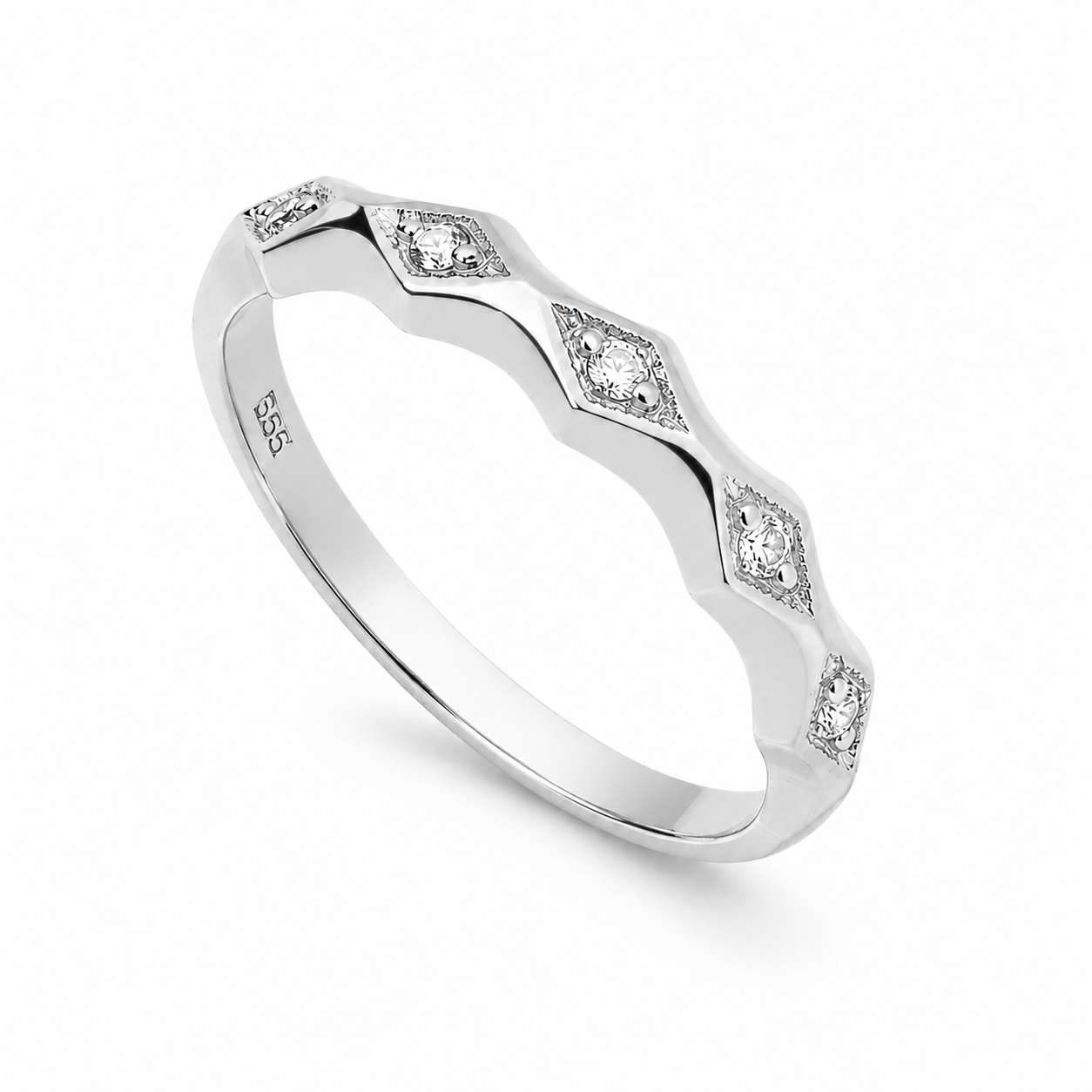 14k white Gold ring with cubic zirconia accents on a white background