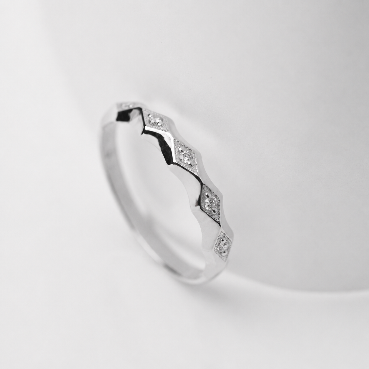 14K Gold Rhombus Ring: Dainty CZ Half Eternity Band