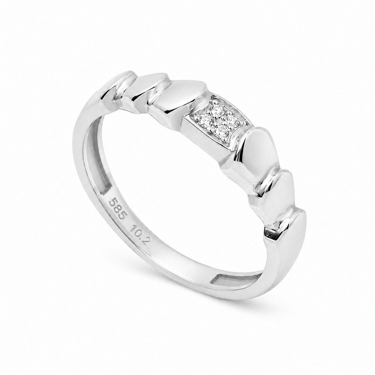 14k white Gold ring with cubic zirconia accents on a white background