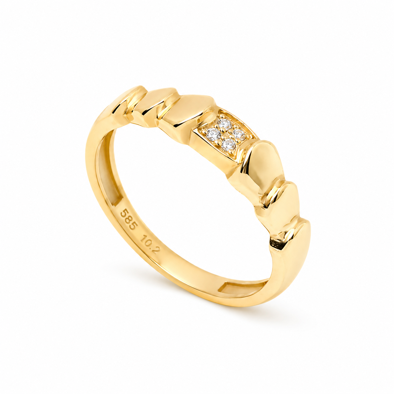 14k Gold ring with cubic zirconia accents on a white background