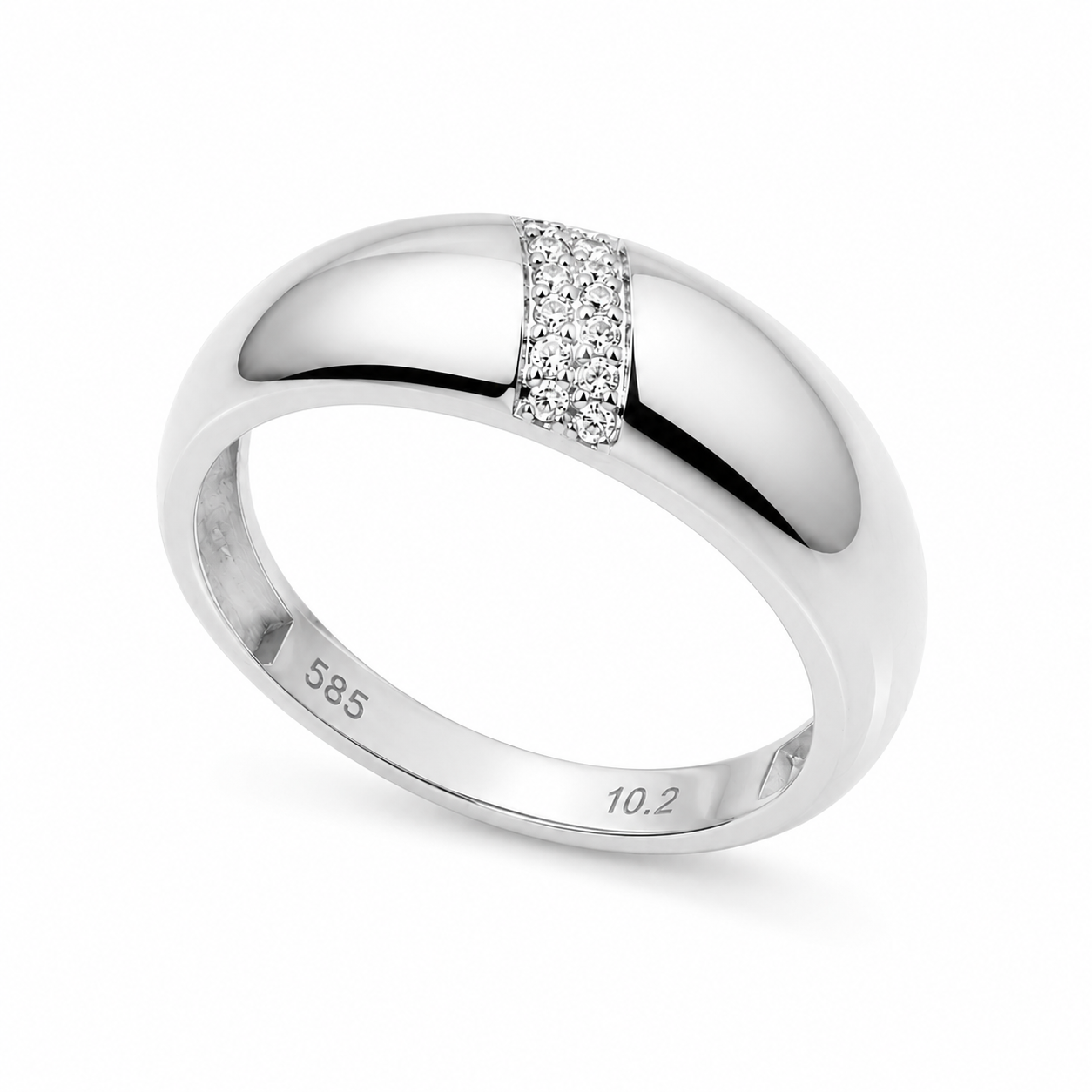 14k white gold dome ring with cubic zirconia stones in a white background