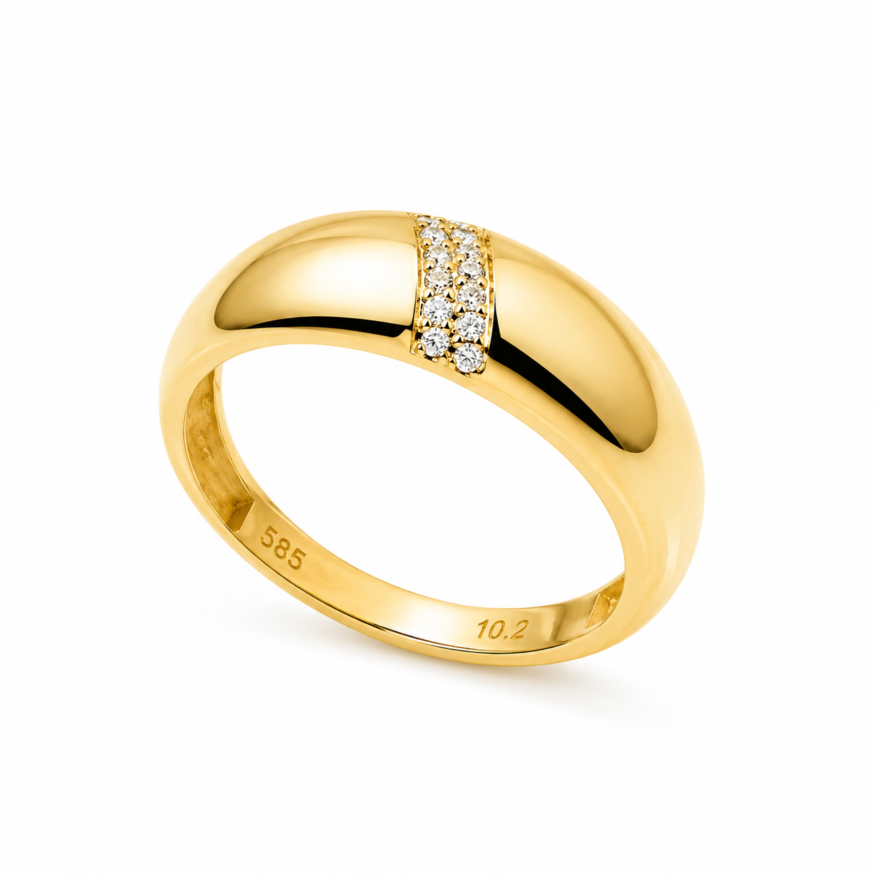 14k gold dome ring with cubic zirconia stones in a white background