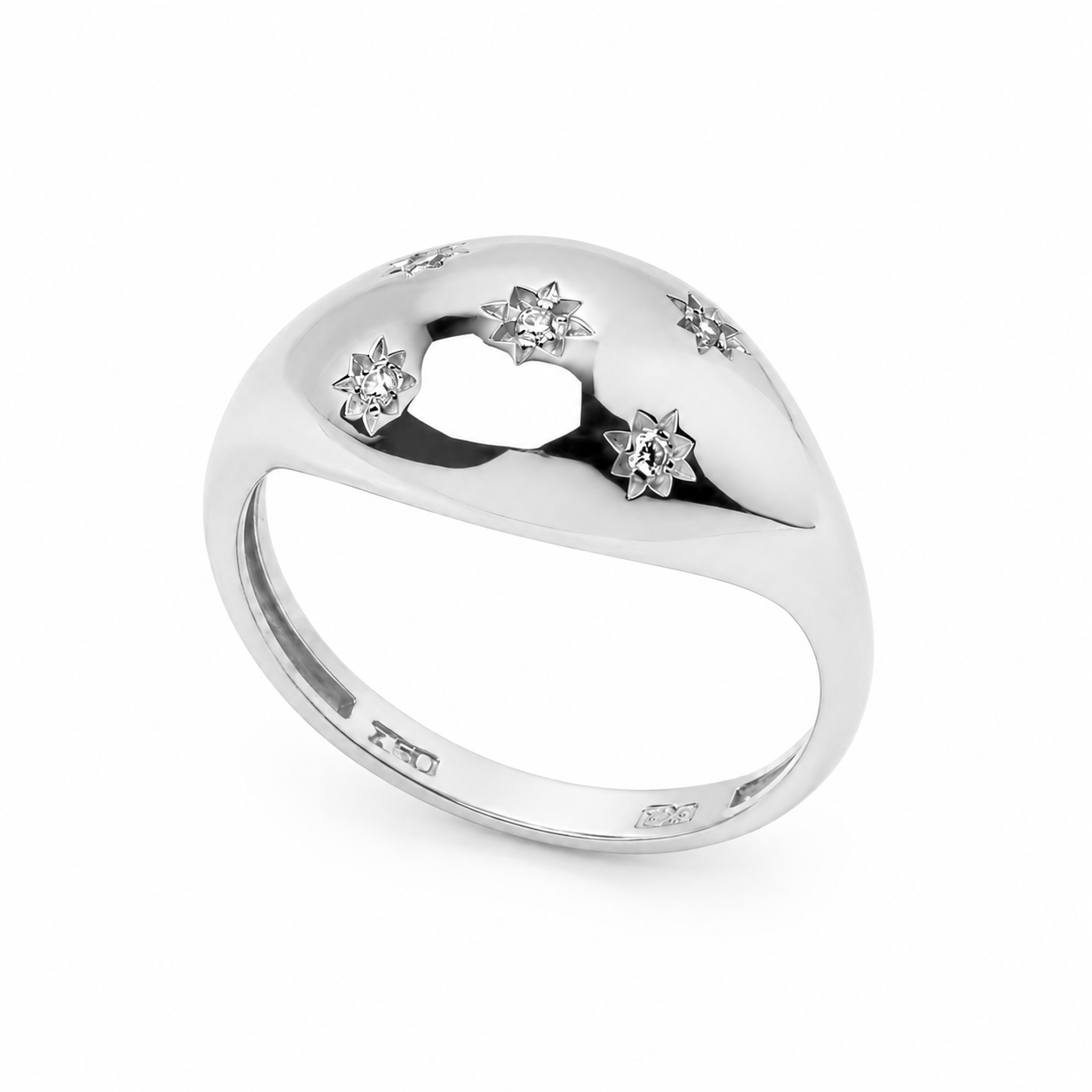 14k white Gold ring with star-shaped diamonds on a white background