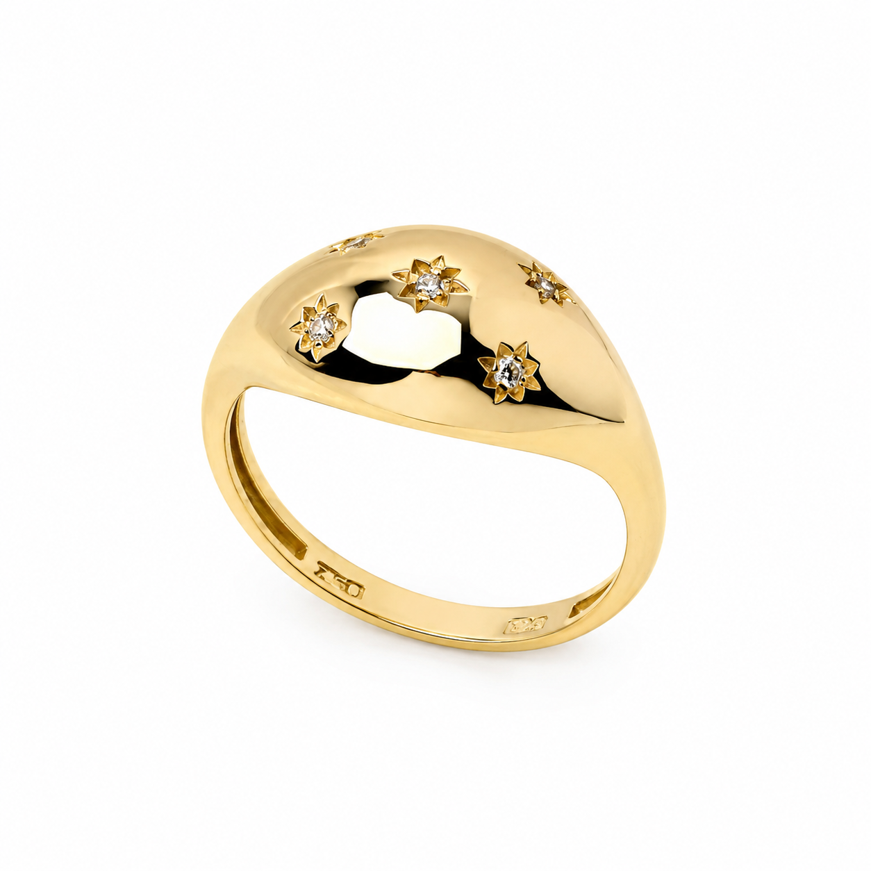 14k yellow Gold ring with star-shaped diamonds on a white background