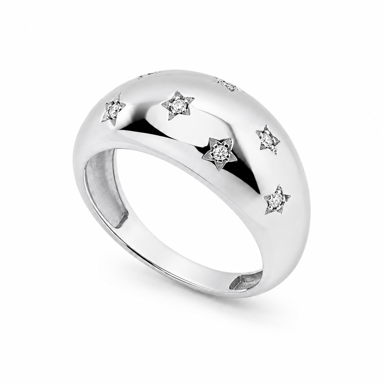 14k white gold dome ring with star-shaped diamonds on a white background