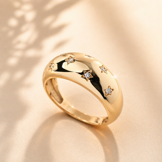 14K Solid Gold Star Dome Ring: Celestial CZ Chunky Ring