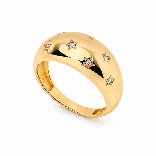 14k yellow Gold dome ring with star-shaped gemstones on a white background