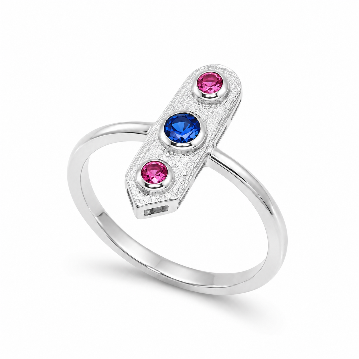 14k white Gold aroow ring with colorful gemstones on a white background