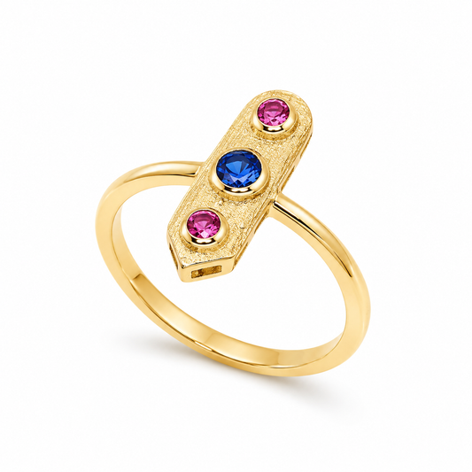 14k Gold aroow ring with colorful gemstones on a white background