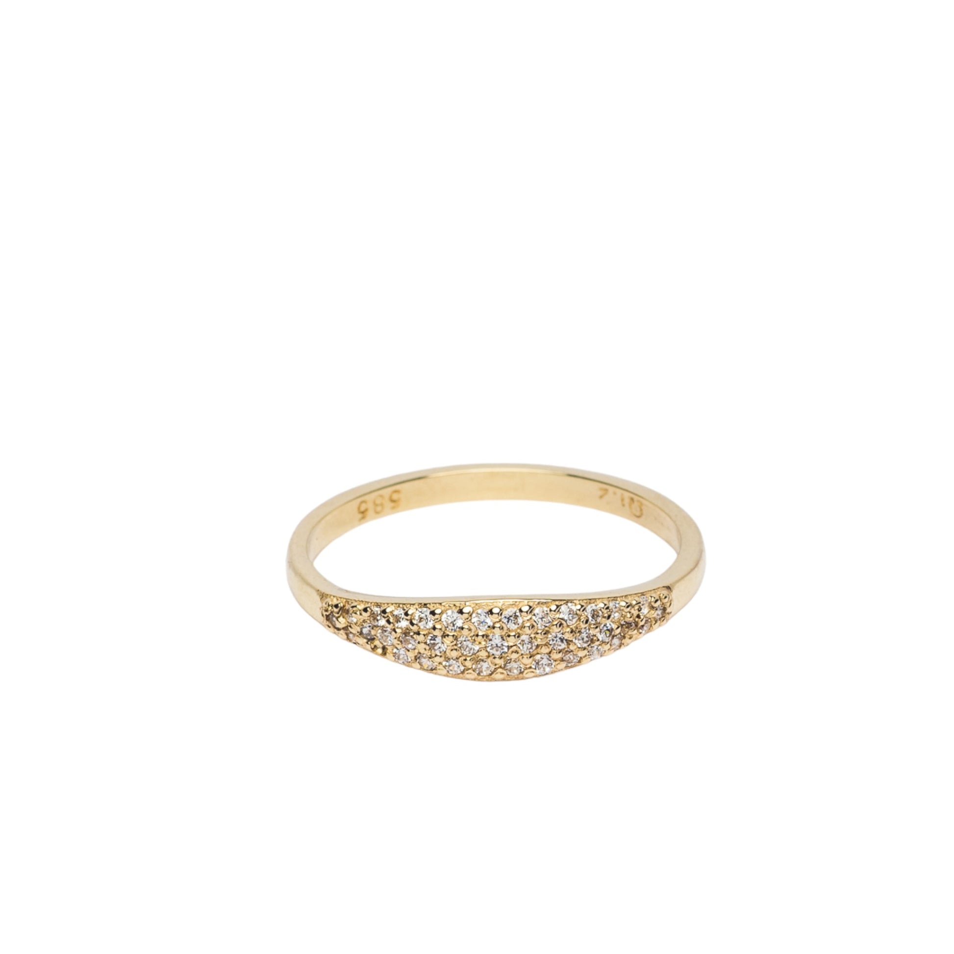 Handcrafted 14k solid gold ring set with white cubic zirconia stones, designed for women.