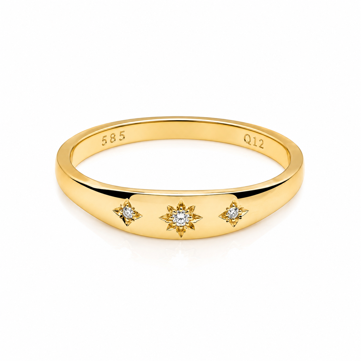 14k gold ring with three stars and cubic zirconia stones