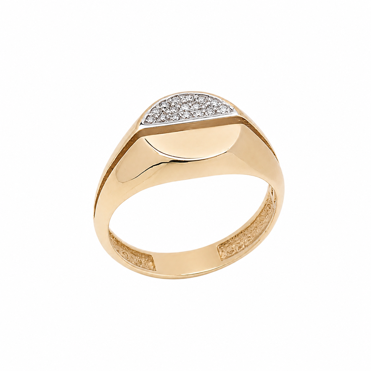 14K Solid Gold Signet Ring: Cubic Zirconia Pave, Glossy Finish