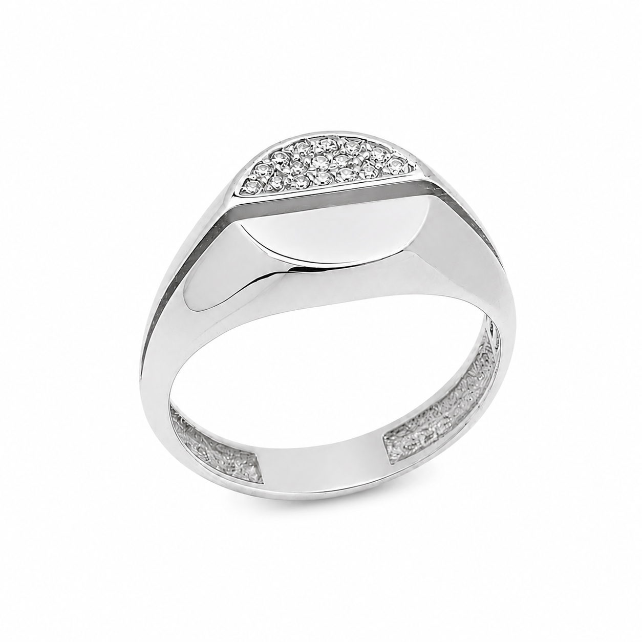14K Solid Gold Signet Ring: Cubic Zirconia Pave, Glossy Finish