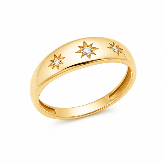 14k Solid Gold Starburst Signet Ring: Cubic Zirconia Polaris Ring