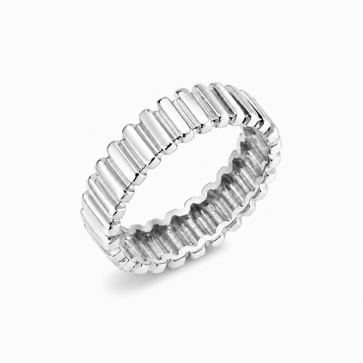 14K White Gold ring with a textured design on a white background