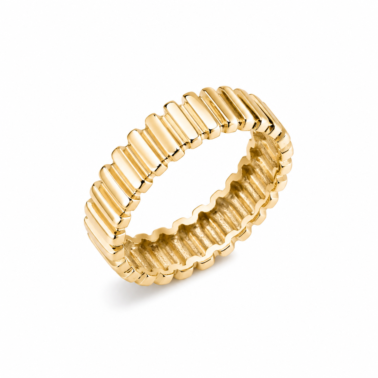 14K Gold ring with a textured design on a white background
