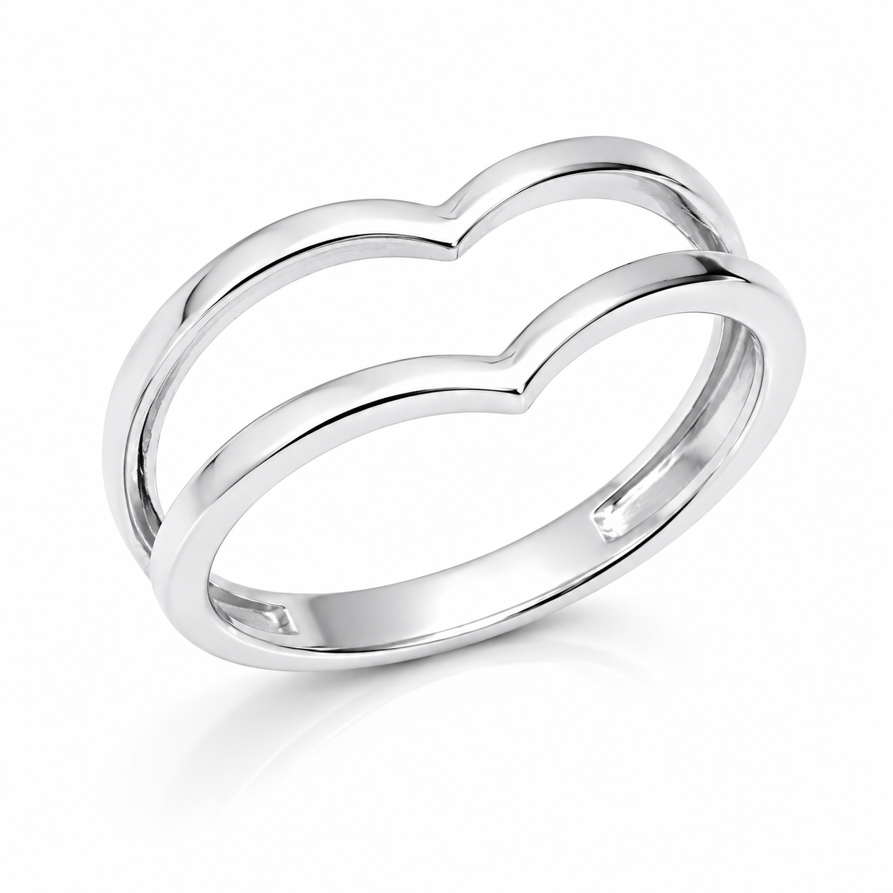 14K white Gold double V ring in a white background