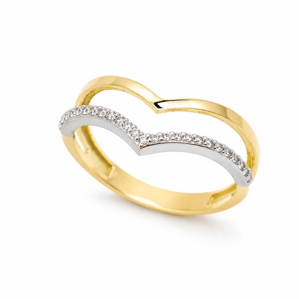 Double Chevron Ring with Cubic Zirconia Stones in 14K Gold