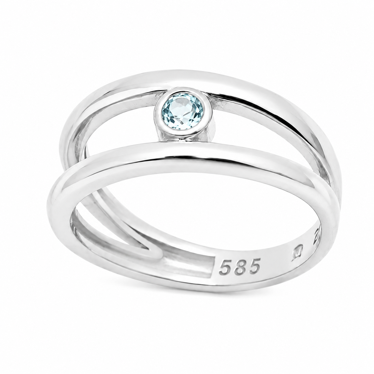 14k white Gold ring with a blue aquamarine gemstone on a white background
