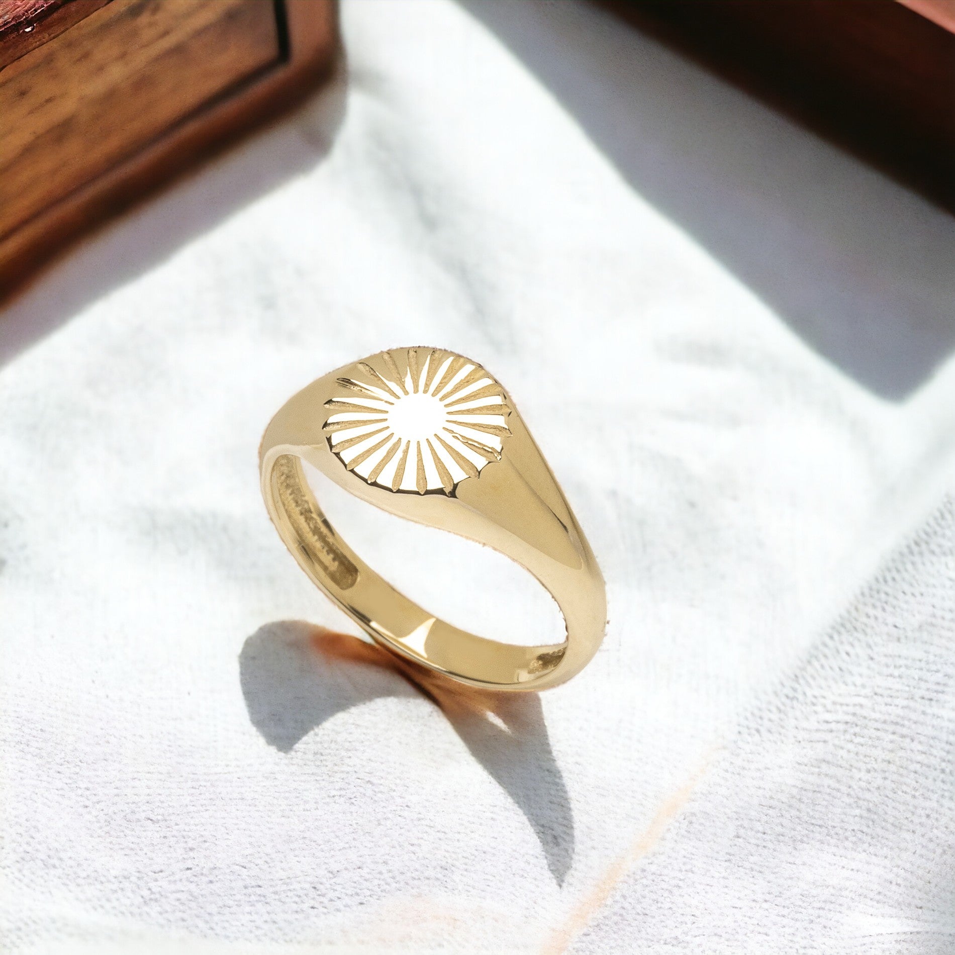 14k Solid Gold Sun Signet Ring for Women