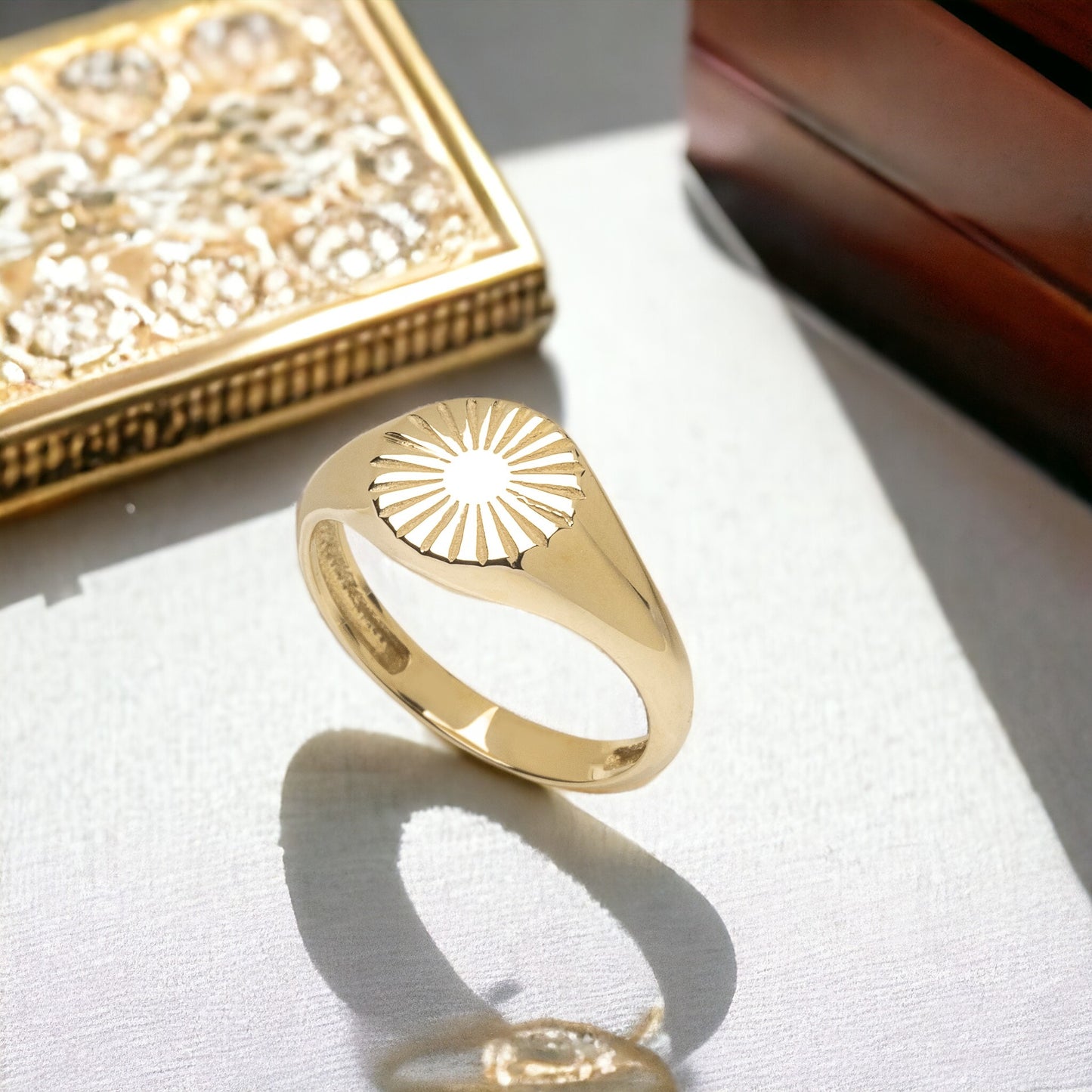 14k Solid Gold Sun Signet Ring for Women