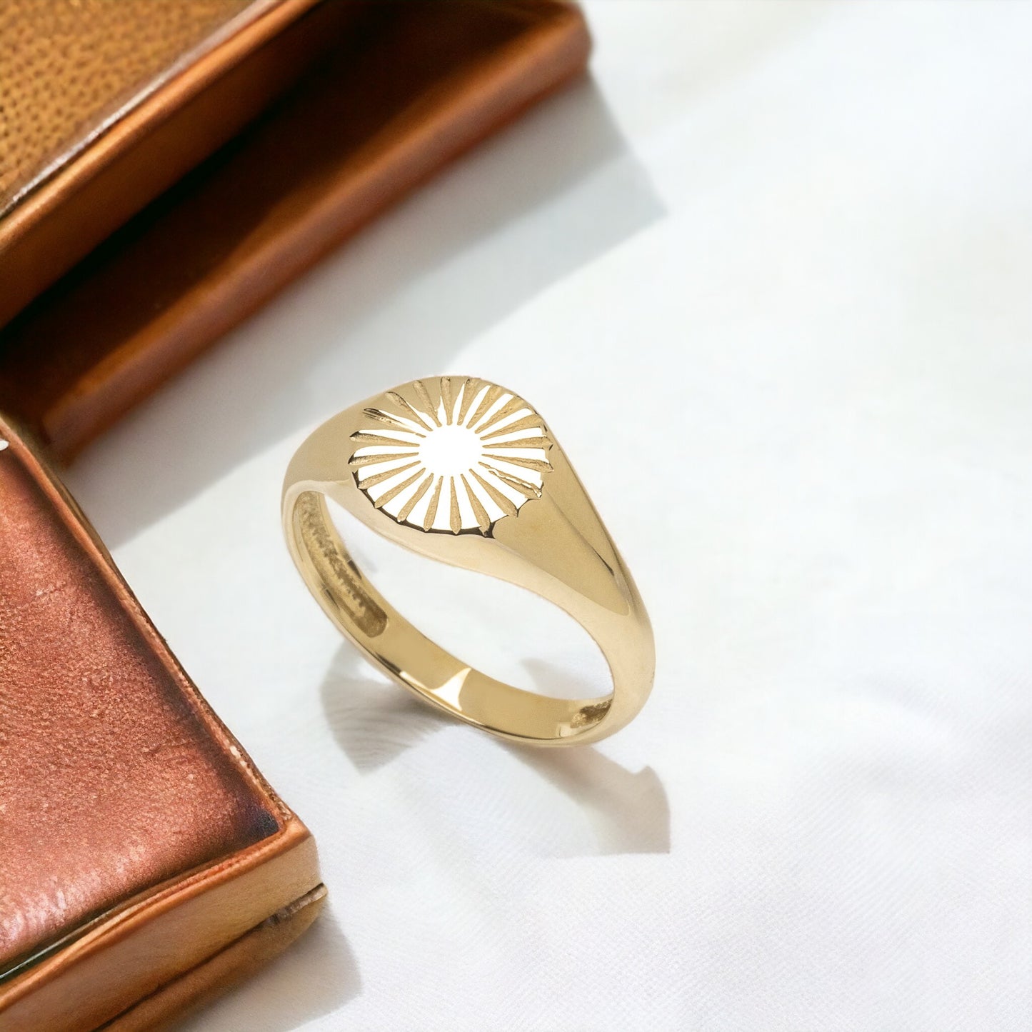 14k Solid Gold Sun Signet Ring for Women