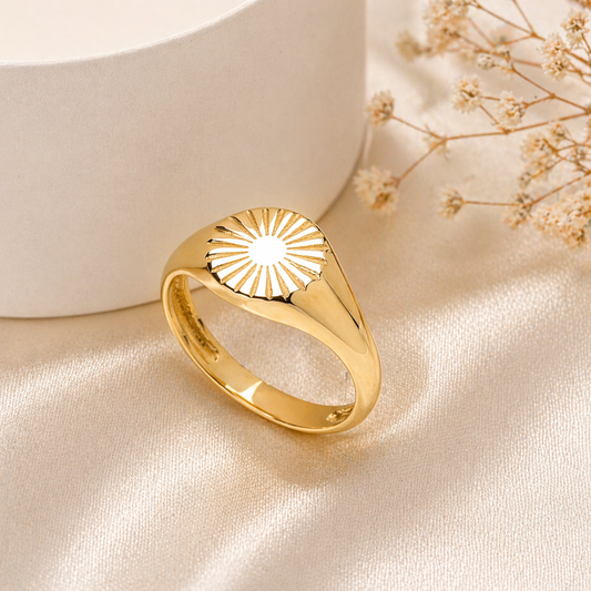 14k Solid Gold Sun Signet Ring: Dainty Sunshine Ring