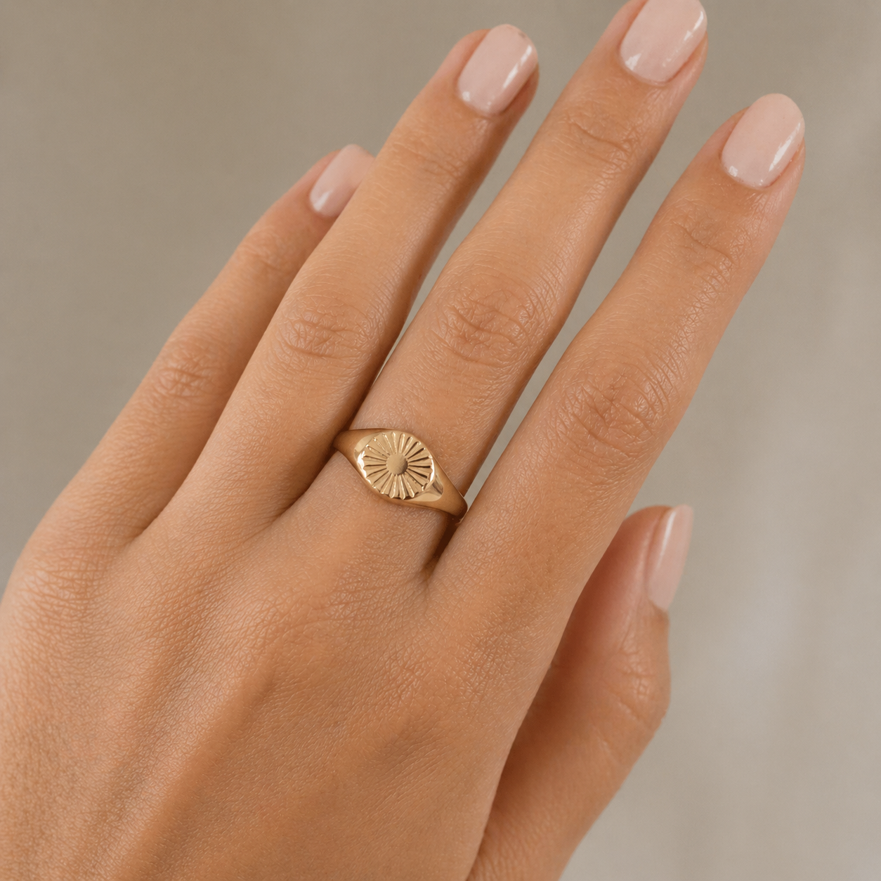 14k Solid Gold Sun Signet Ring: Dainty Sunshine Ring