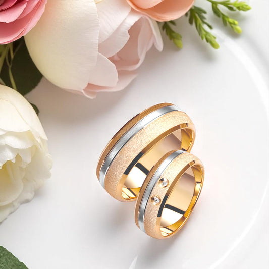 Thick Two-Tone Wedding Bands Set with Diamonds