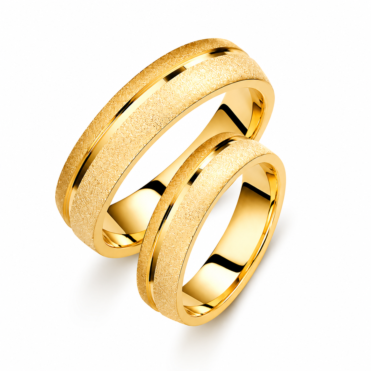 Brushed 18k Gold Wedding Band Set: 5mm Minimalist Matte Rings